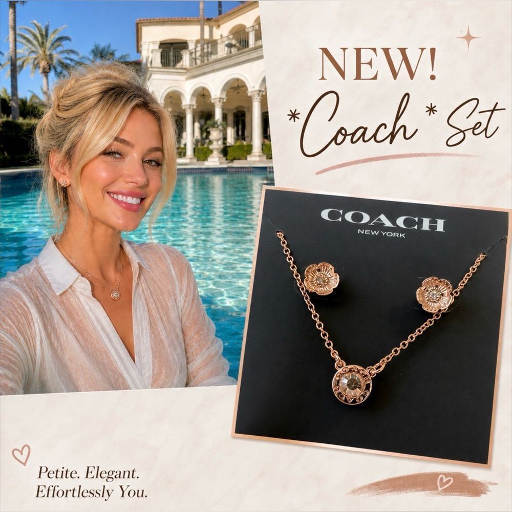 Coach Rose Gold Necklace and Tea Rose Earring Set